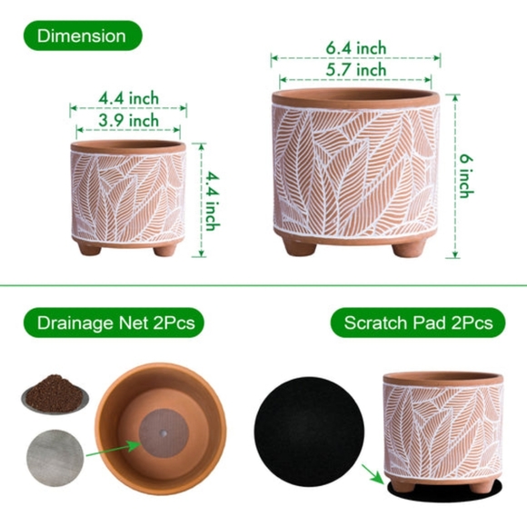 Decorative Terracotta and White Leaf Print Cermanic Pot Set of 2 - Picture 3 of 12